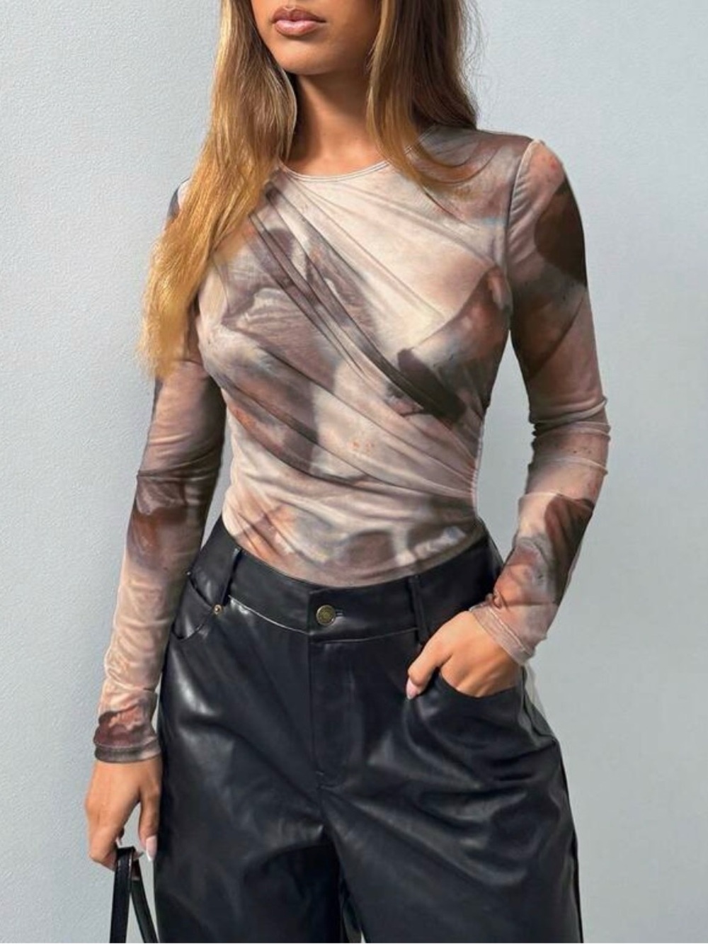 Long Sleeve Marble Print Crewneck Top - Taupe/Brown